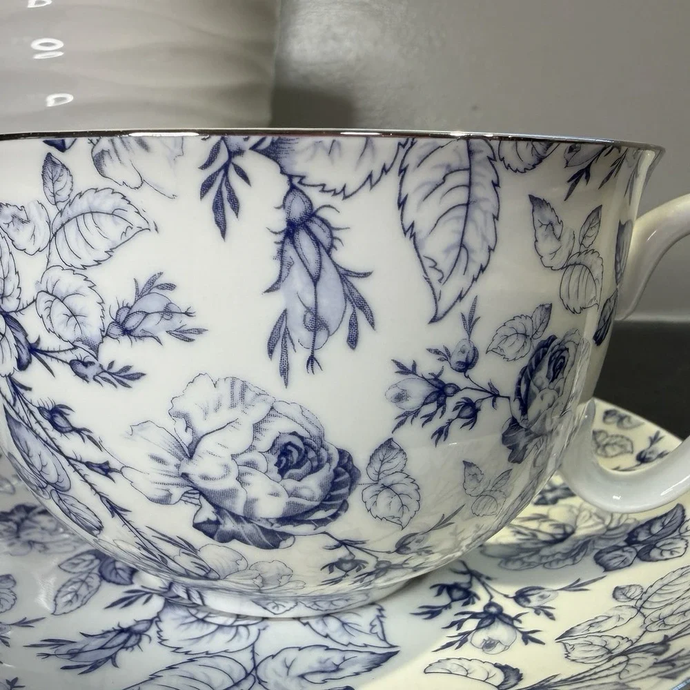 Grace Teaware Blue Rose Toile Fine Porcelain Oversized 16oz Tea Cup & Saucer EUC